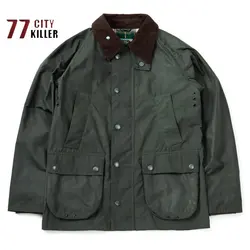 Vintage Men's Hunting Oil Wax Jacket Lapel Multi-pocket Zipper Work Top Men's Military Green Tactical Trench Coat Ropa Hombre