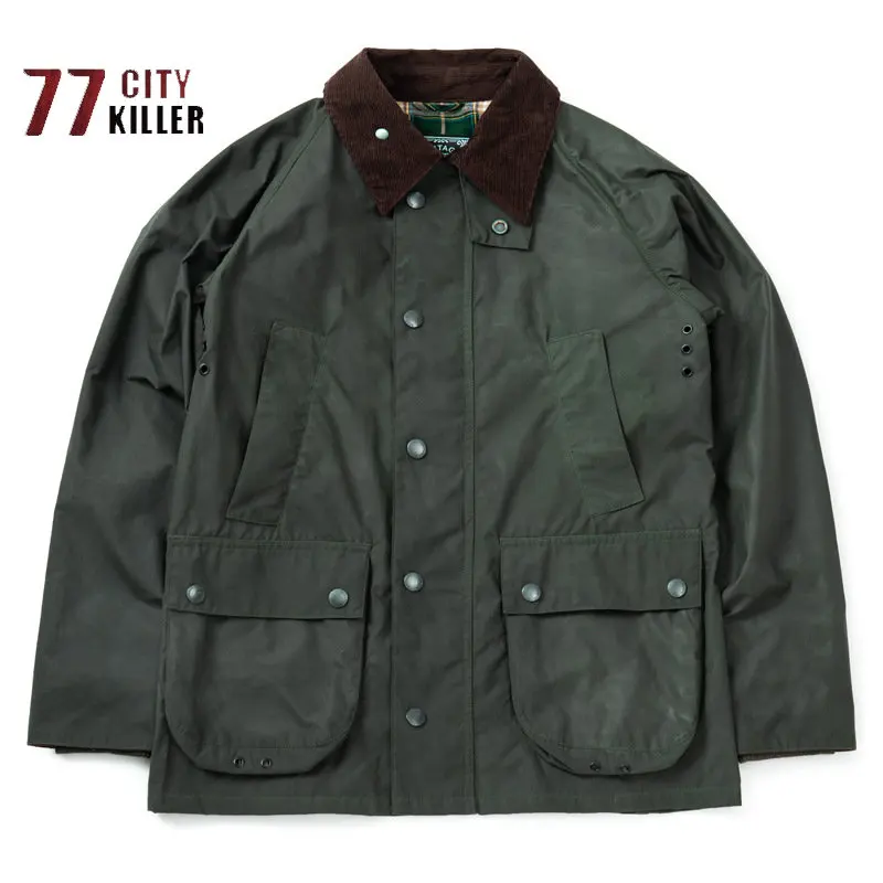 Vintage Men's Hunting Oil Wax Jacket Lapel Multi-pocket Zipper Work Top Men's Military Green Tactical Trench Coat Ropa Hombre