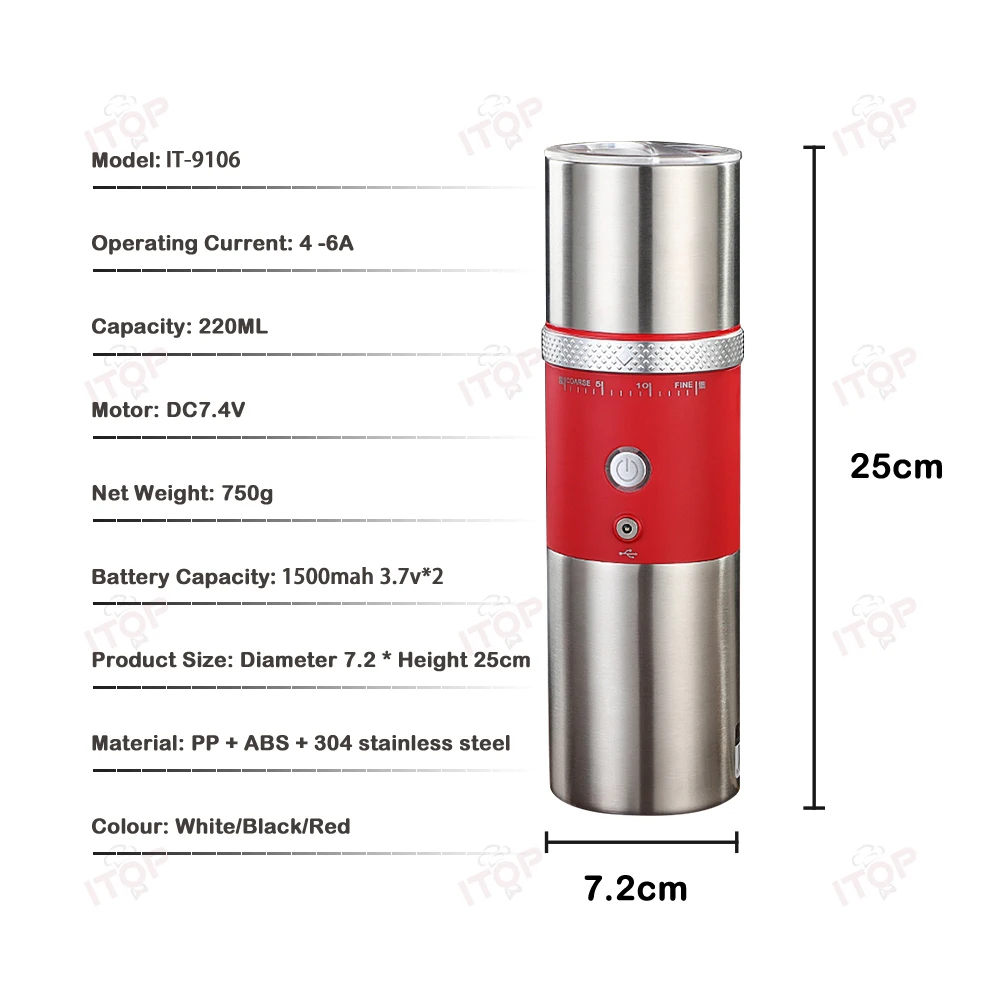 ITOP 4IN1 Caffettiera, Macinacaffè, Filtro e Tazza Ricarica USB Macinacaffè portatile esterno Nucleo di macinazione in acciaio inossidabile 304