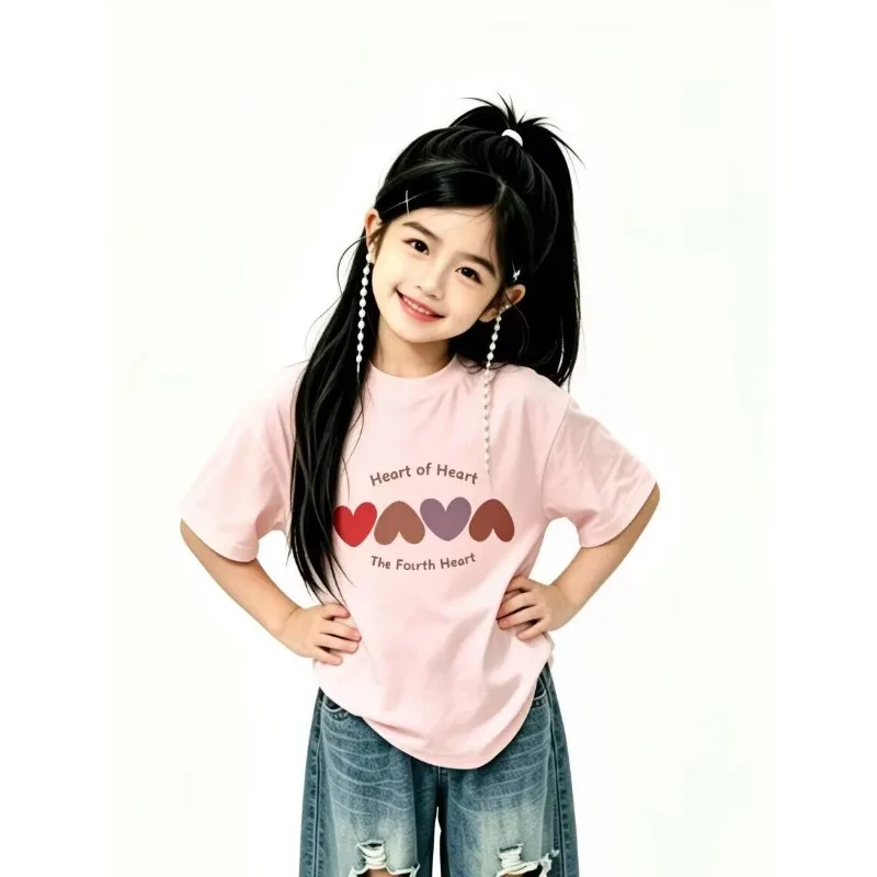 Heart Shaped Children's Pure Cotton Short Sleeved Men's and Women's Loose Round Neck Heart Printed Contrasting Korean Casual Top