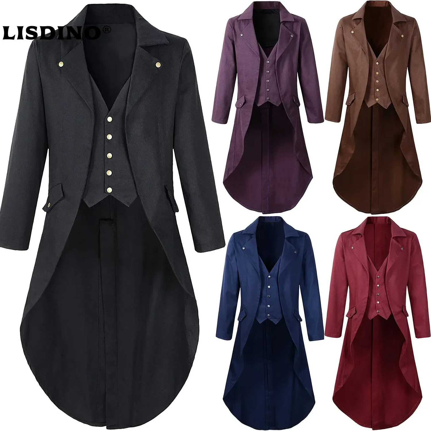 

1Adult Men Medieval Cosplay Black Jackets Devil Fashion Gothic Steampunk Tailcoat Costume Black Brocade Damask Wedding Halloween