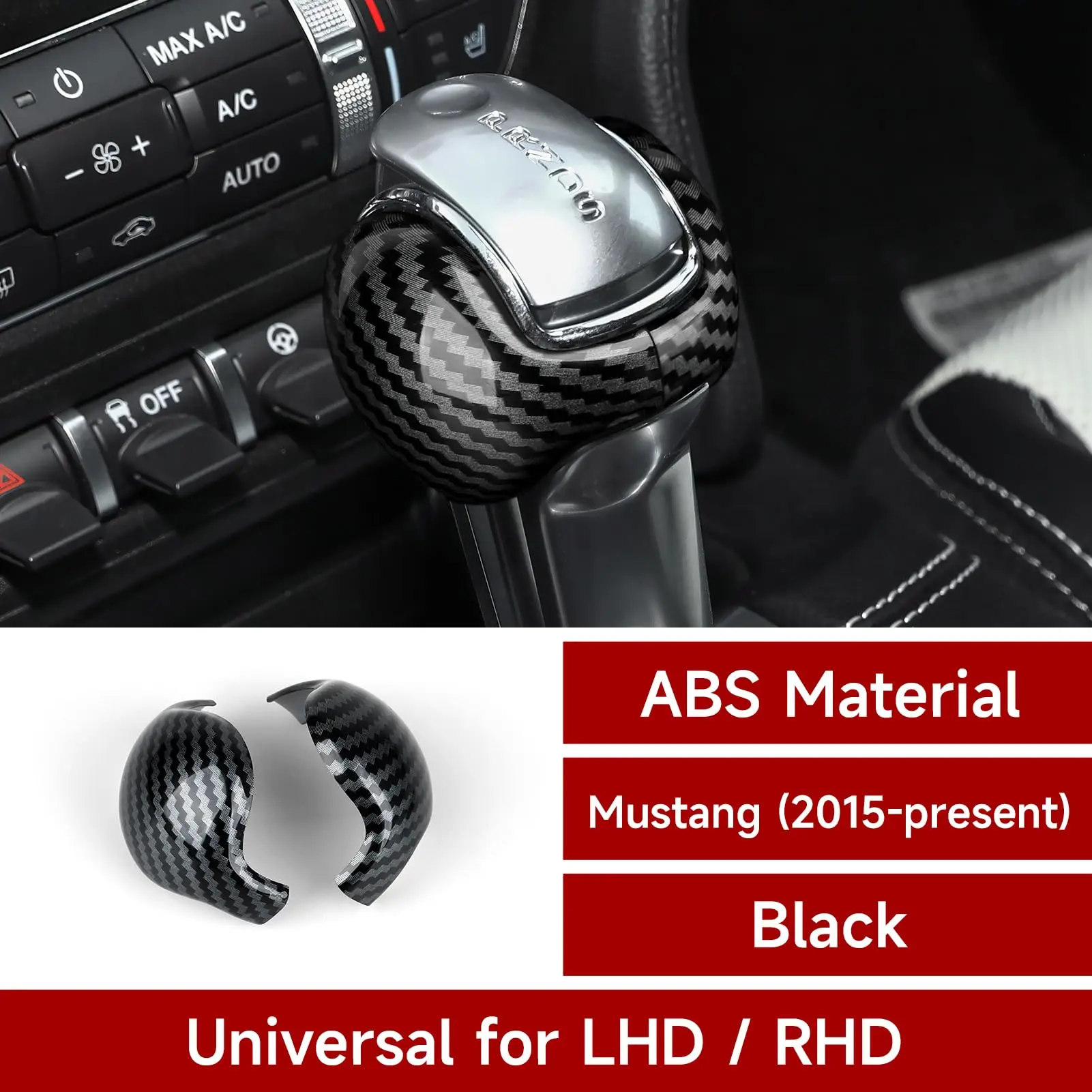Carbon Fiber Gear Shift Knob Cover Trim for Ford Mustang 2015-2021, ABS Carbon Fiber Pattern Shift Lever Knob Protector, 2PCS In view 4
