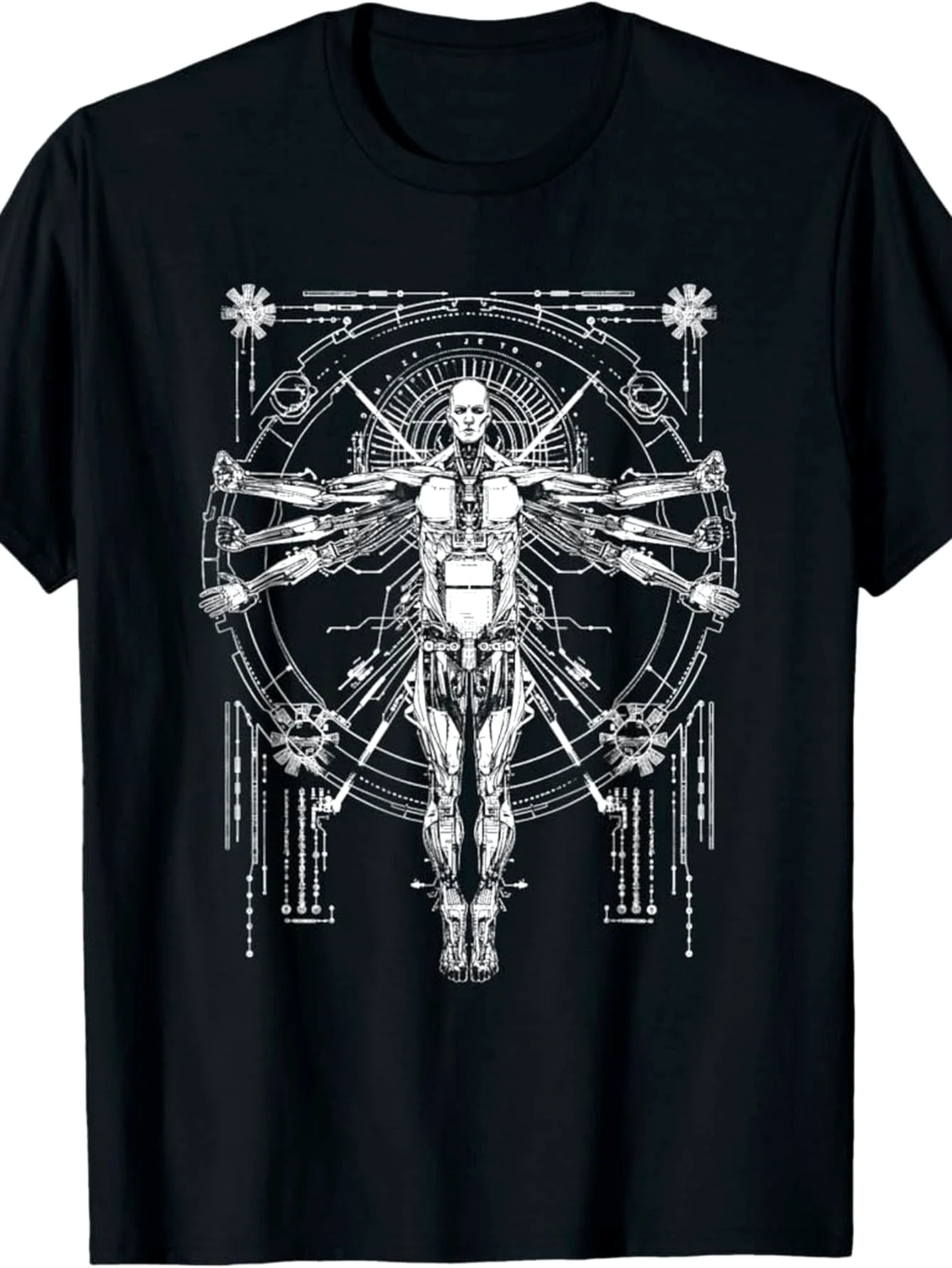 camiseta-masculina-–-camisa-de-manga-curta-com-gola-redonda-e-padrao-futuro-robo-design-cibernetico-preto-e-branco-adequada-para-todas-as-estacoes