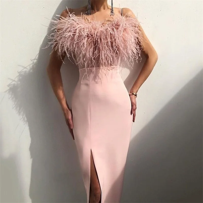 

Spaghetti Strap Feather Women's Autumn Evening Dress Backless High Split Bandage Gown Multiple Colours Sheath Slim Party Skirt