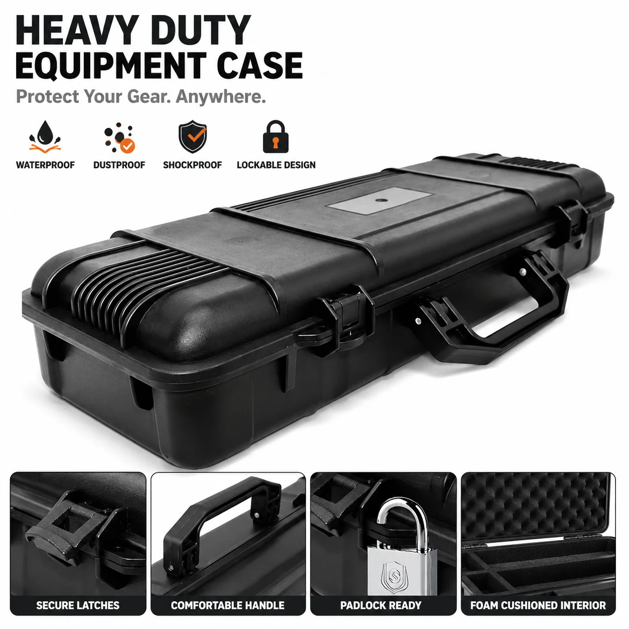 Waterproof Hard Tool Case with Sponge Liner, Shockproof Protective Storage Box for Tools, Cameras & Instruments