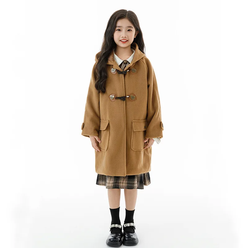 

Junior Girls Coat Autumn Children Girls Retro Solid Long Sleeve Outerwear Teenager Girls Pokcet Single-breasted Hooded coat