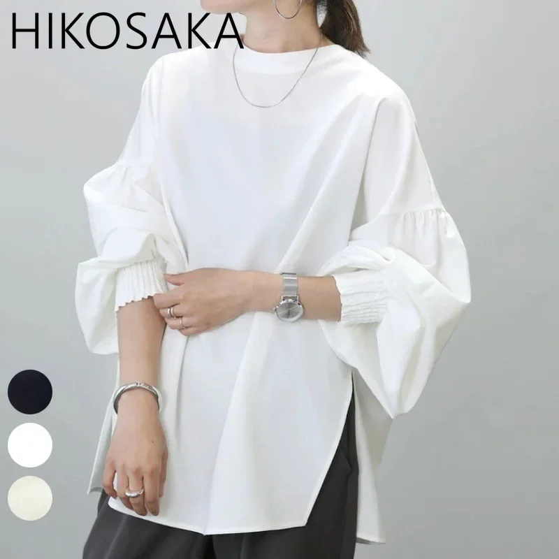 

O-neck Lantern Long Sleeve Split Shirts Simple Solid Loose Casual Pullover Blouse 2024 Summer New Japanese Elegant Blusas Mujer