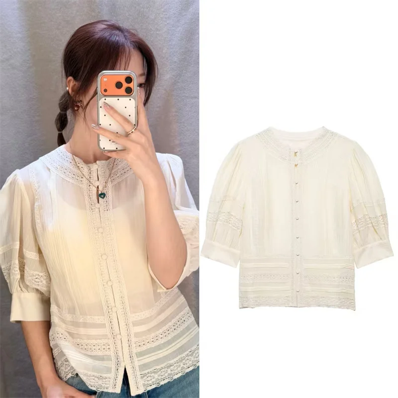 

Новая женская рубашка 2026 года, летняя, светло-желтая, с коротким рукавом, с кружевной отделкой, в романтическом стиле, легкая, модная, повседневная, индивидуальная