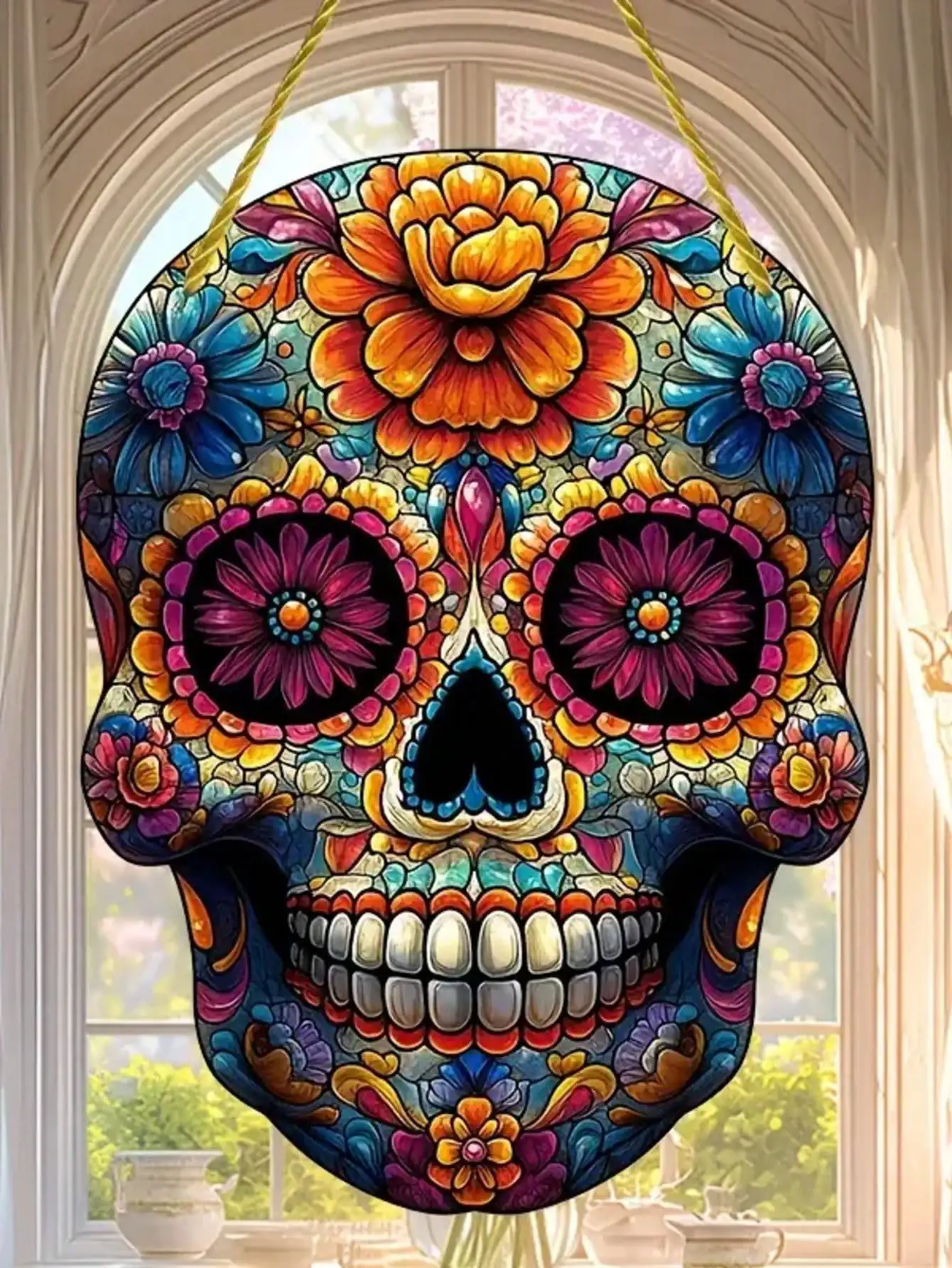 قلادة على شكل جمجمة السكر مقاس 8 بوصة × 6 بوصة، مناسبة لحدائق العائلة - مثالية للاحتفالات يوم الموتى والعطلات