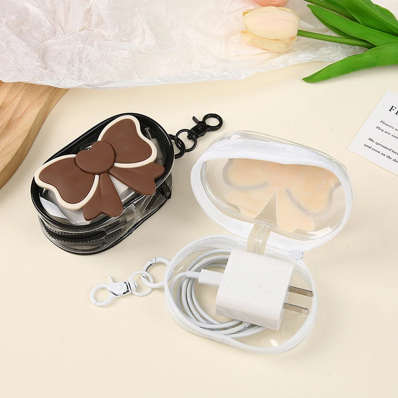 لطيف القوس عملة المحفظة البلاستيكية شفافة للماء محفظة صغيرة المحمولة السفر سماعة كابل شحن حقيبة التخزين للفتيات