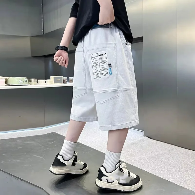 Teenager Kids Summer White Color Denim Shorts for Tween Boy Loose Casual Knee Length Capris Child Luxury Drawstring Shorts