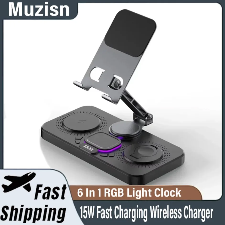 6 In 1 RGB Light Clock 15W Fast Charging Wireless Charger Type C Port Tablet Holder For iPhone 16 15 14 13 Watch AirPods