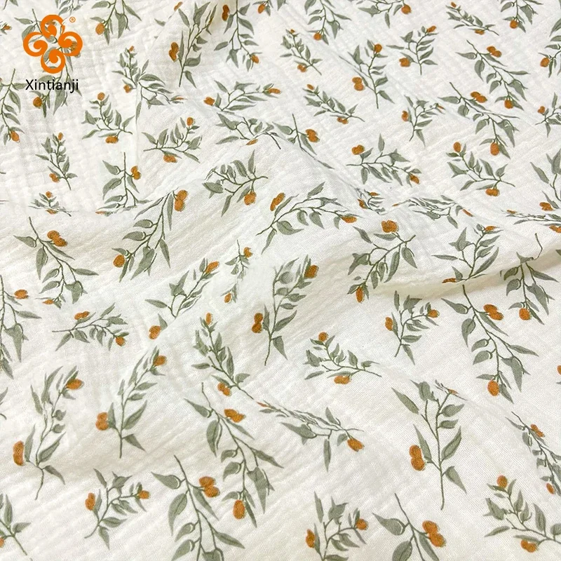 

10m Gauze Fabric Prints Plant Leaves Double Crinkled Fabric Kids Cotton Crepe Soft Pajamas Flower Blanket DIY Sewing Material