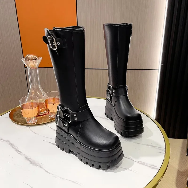 11.5CM Black Rock Punk Style Knee High Front Zipper Motorcycle Boots New Fashion Cool Girl Boots Round Toe All-Match Metal Shoes