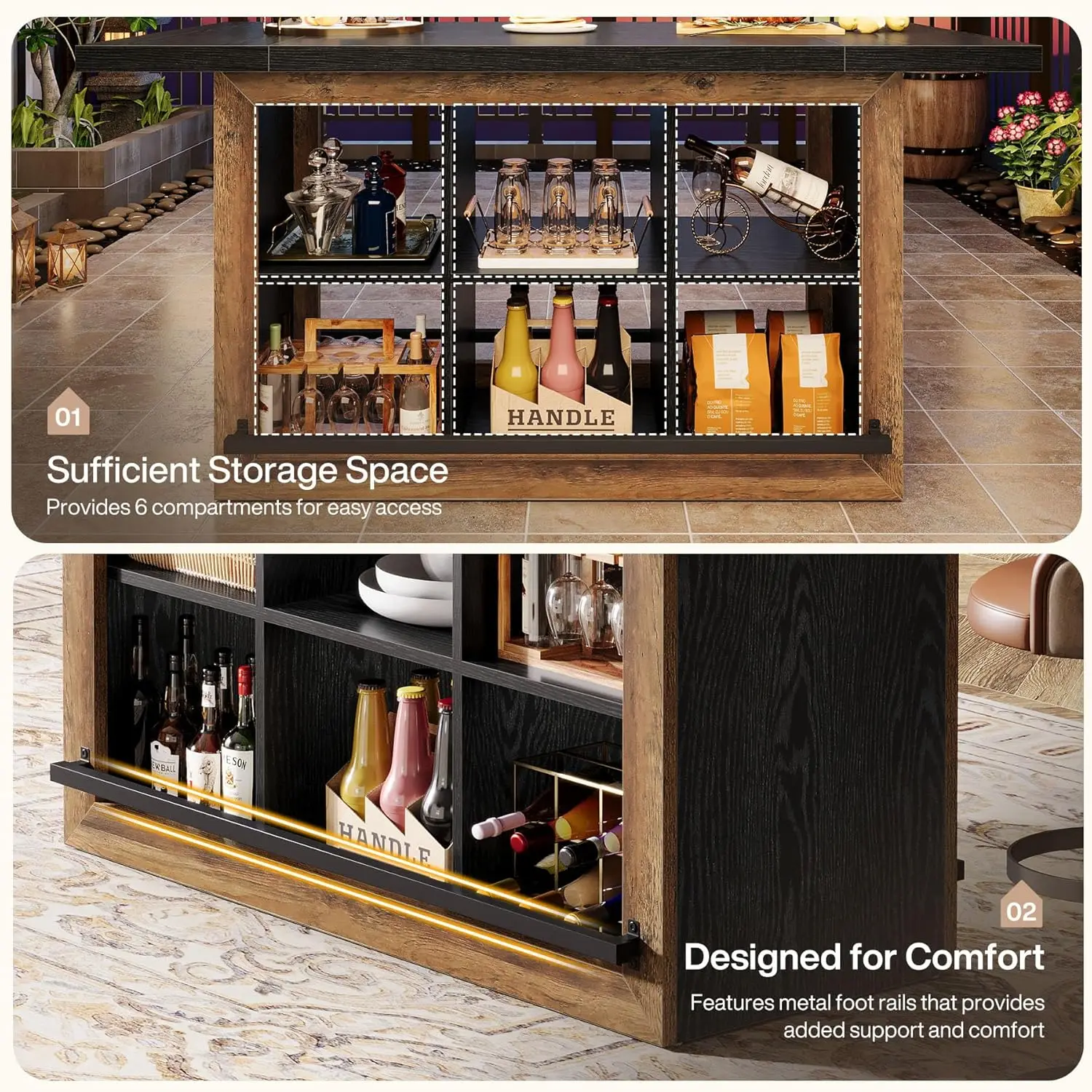 Bar Table with Storage, 62.6" Rectangular Home Bar Cabinet Unit with 6 Spacious Cubbies and Metal Footrests, Large Counter Heigh