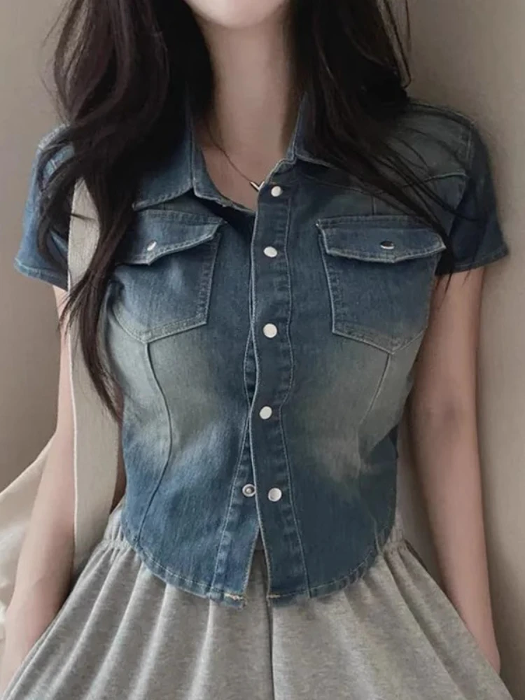 

Korean Fashion Y2k Chic Clothing Women Summer Retro Single-Breasted Tops Female Elegant Slim Fit Short Sleeve Denim Coat 2024