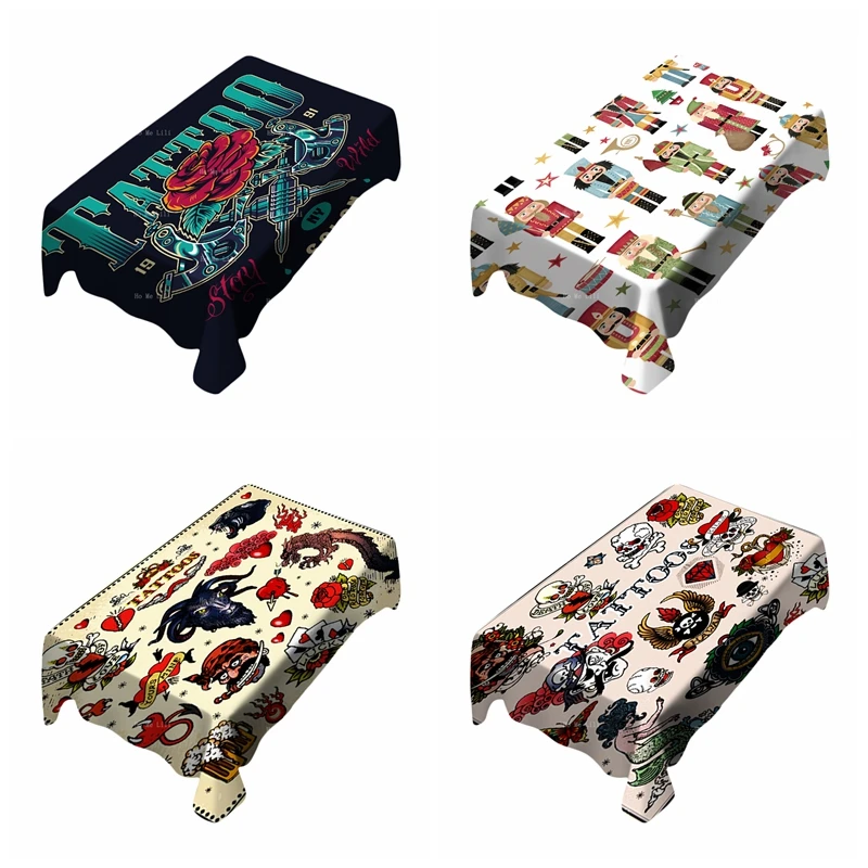 Cascanueces tradicional estilo Retro Rosa flor gótica pequeño tatuaje americano patrón rectángulo mantel por Ho Me Lili