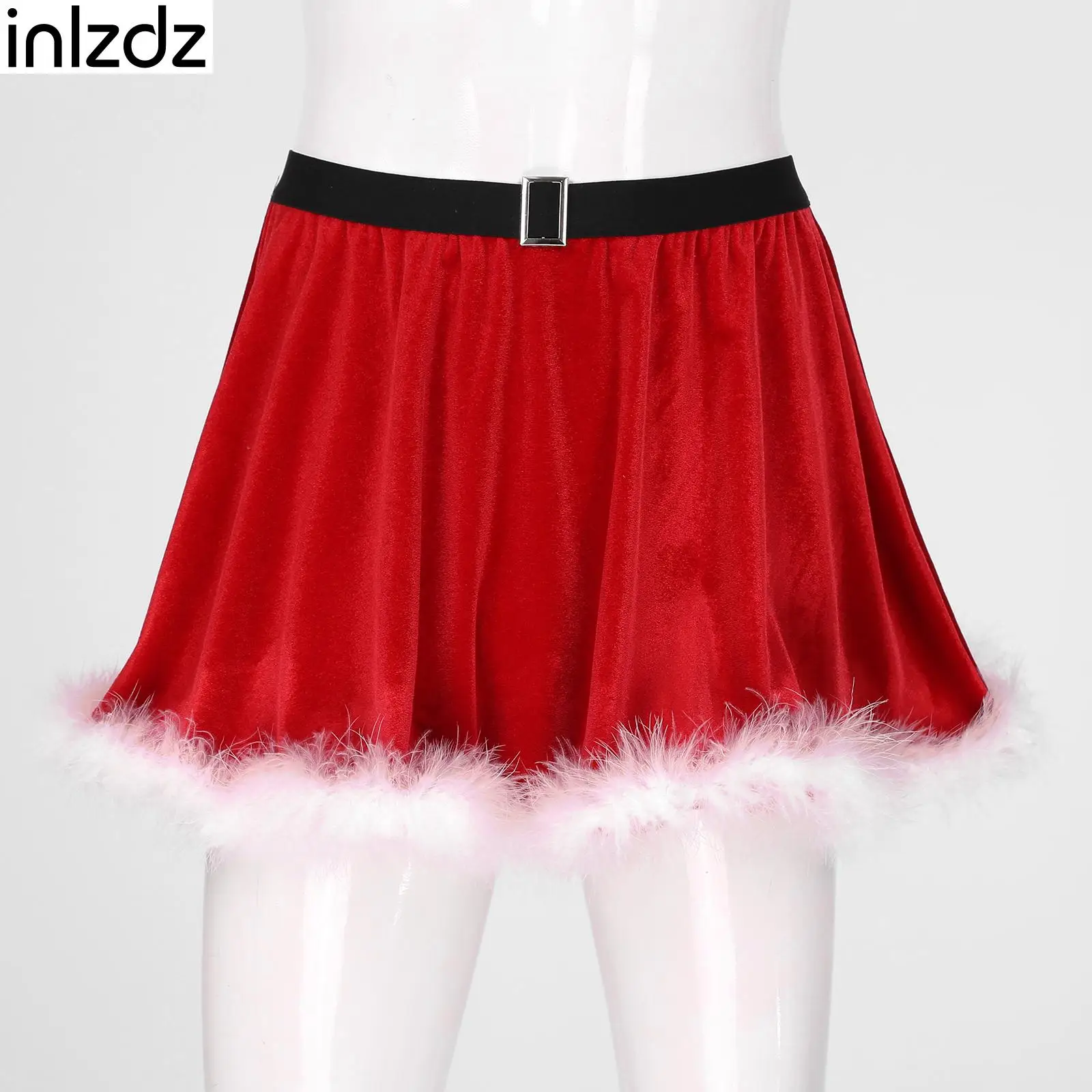 Men Feather Trimming Velvet Skirt Christmas Cosplay Costume Elastic Waistband Miniskirt Sissy Nightwear for Party Dating Bedtime