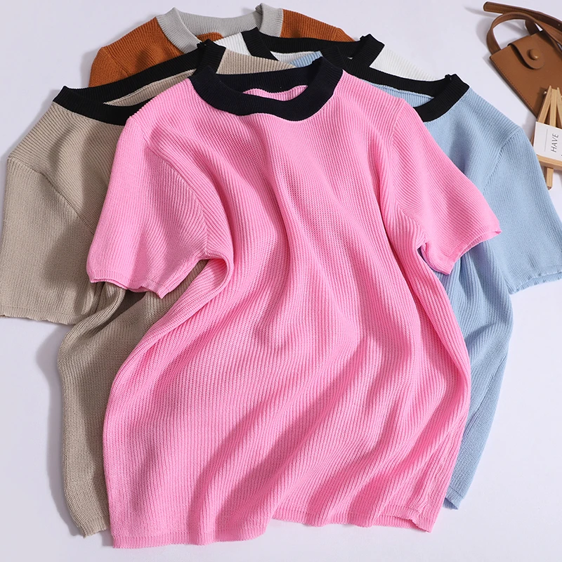 Contrasting Color O-neck Knit T-shirt Vintage Knitted Women's  Short Sleeve T-shirt Top