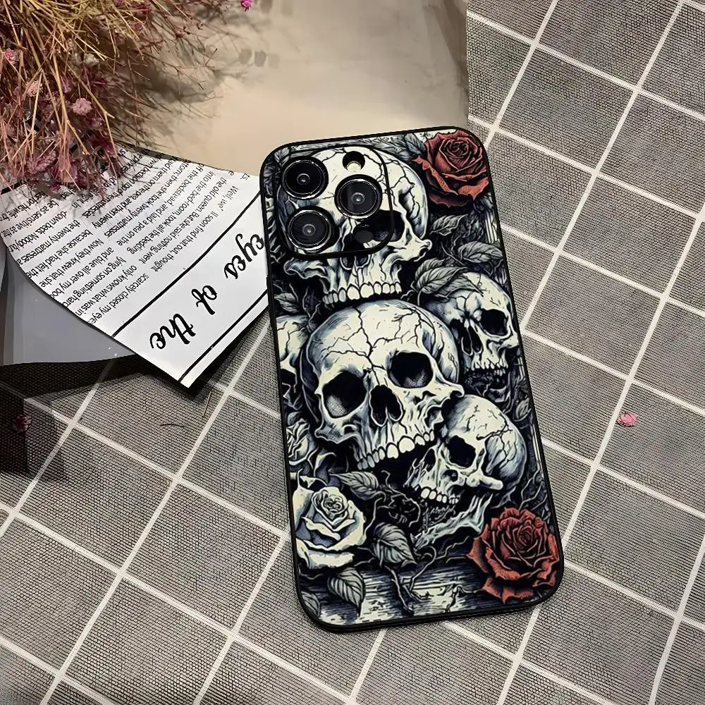 Totenkopf-Kopf-Kunst-Handyhülle für iPhone 17, 16, 15, 14, 13, 12, Air Pro Mini Max Plus, schwarze Softshell-Abdeckung