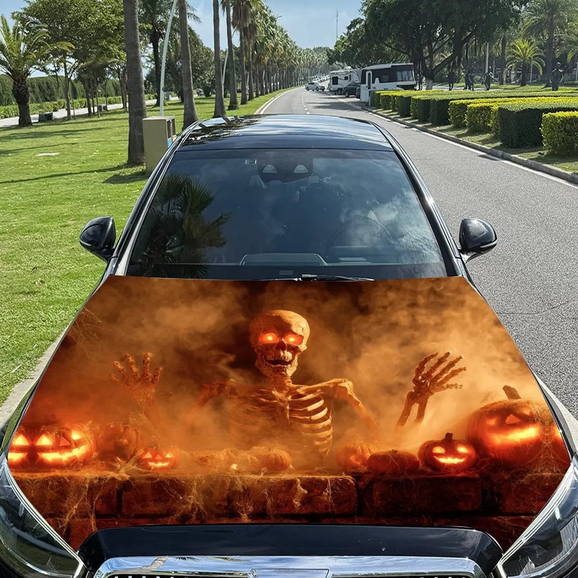 

Chilling Glowing Skeleton & Jack - O'- Lanterns Car Vinyl Wrap, PVC Material Waterproof Car Hood Sticker, Self-Adhesive Scratch-