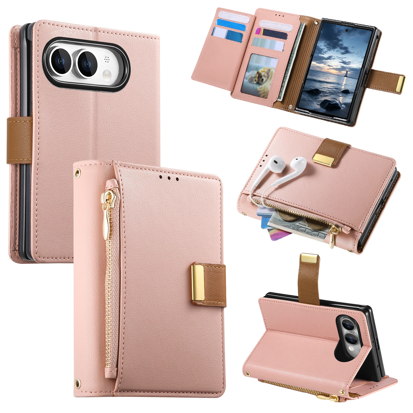 Bifold Leather Wallet - Casing Ponsel Kulit dengan Ritsleting Sederhana,