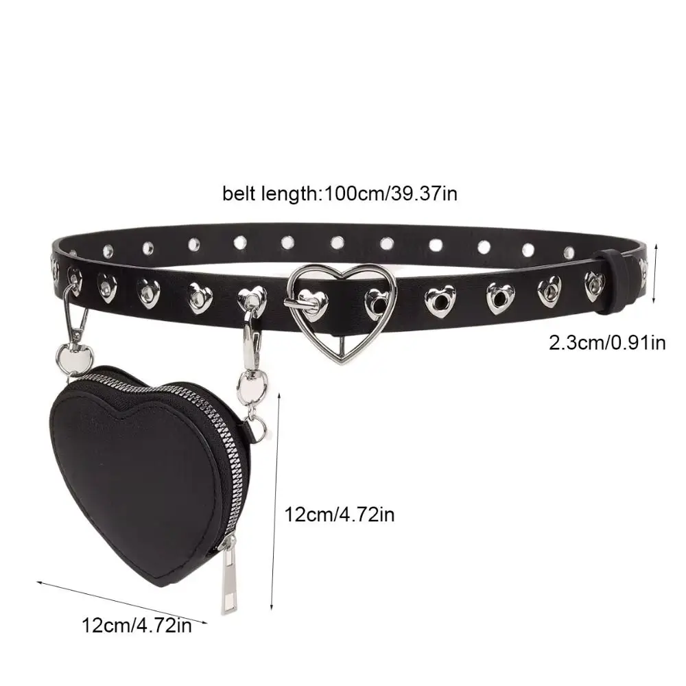 Vintage Heart Metal Buckle PU Leather Waist Bag Adjustable Y2K Love Heart Fanny Packs Gothic Detachable Bag Belt with Bag Daily