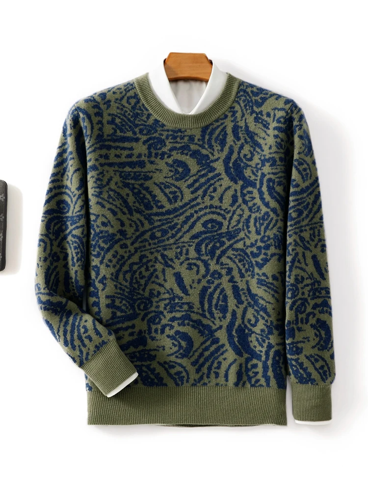 Maglione di lana merino stampato al 100% per uomo O-Collo lavorato a maglia pullover caldo autunno inverno top a maniche lunghe spesse abbigliamento casual da lavoro