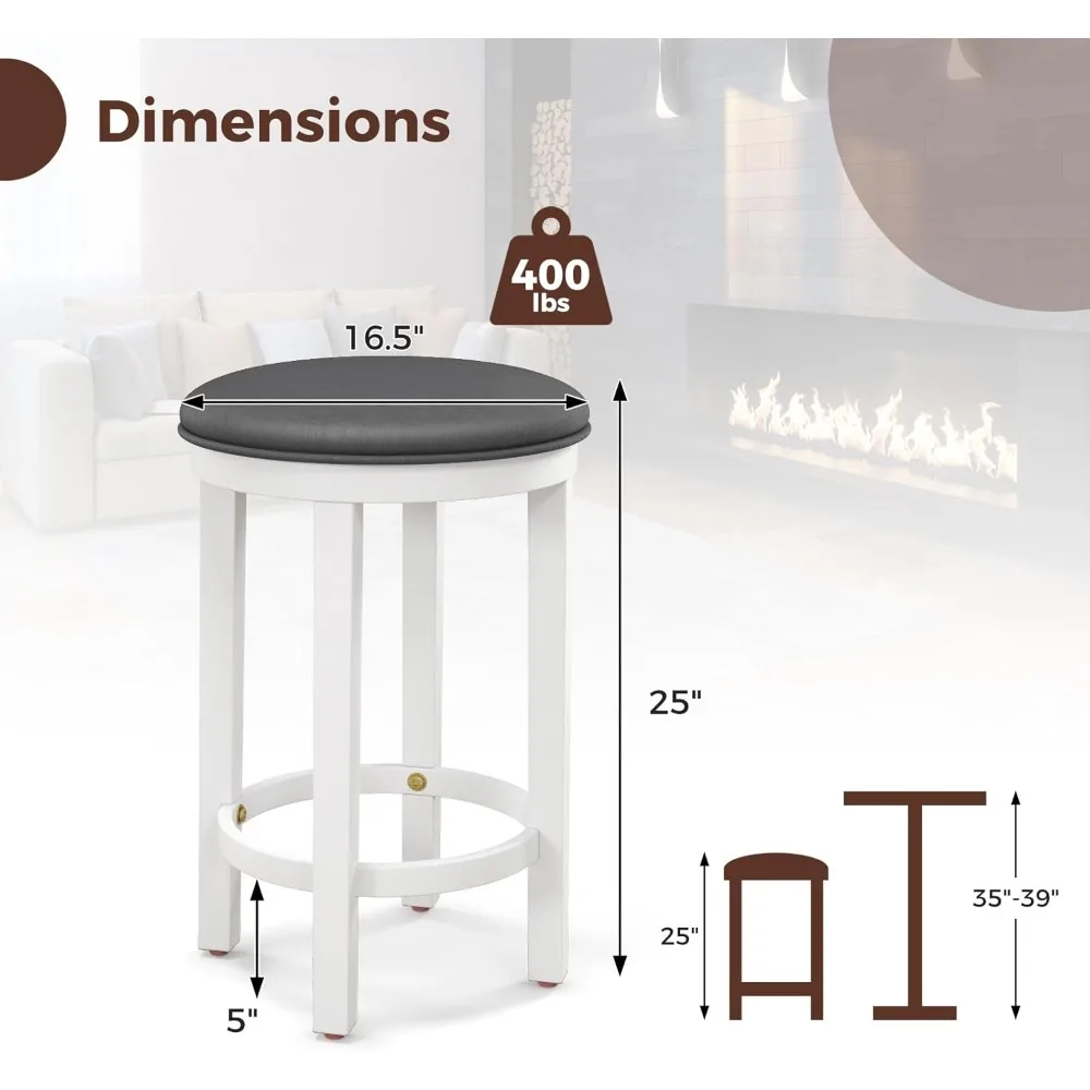 Barkrukken set van 4, 25 inch tegenhoogte krukken met ronde zitting, voetsteun, houten frame, modern kunstleer, gestoffeerd