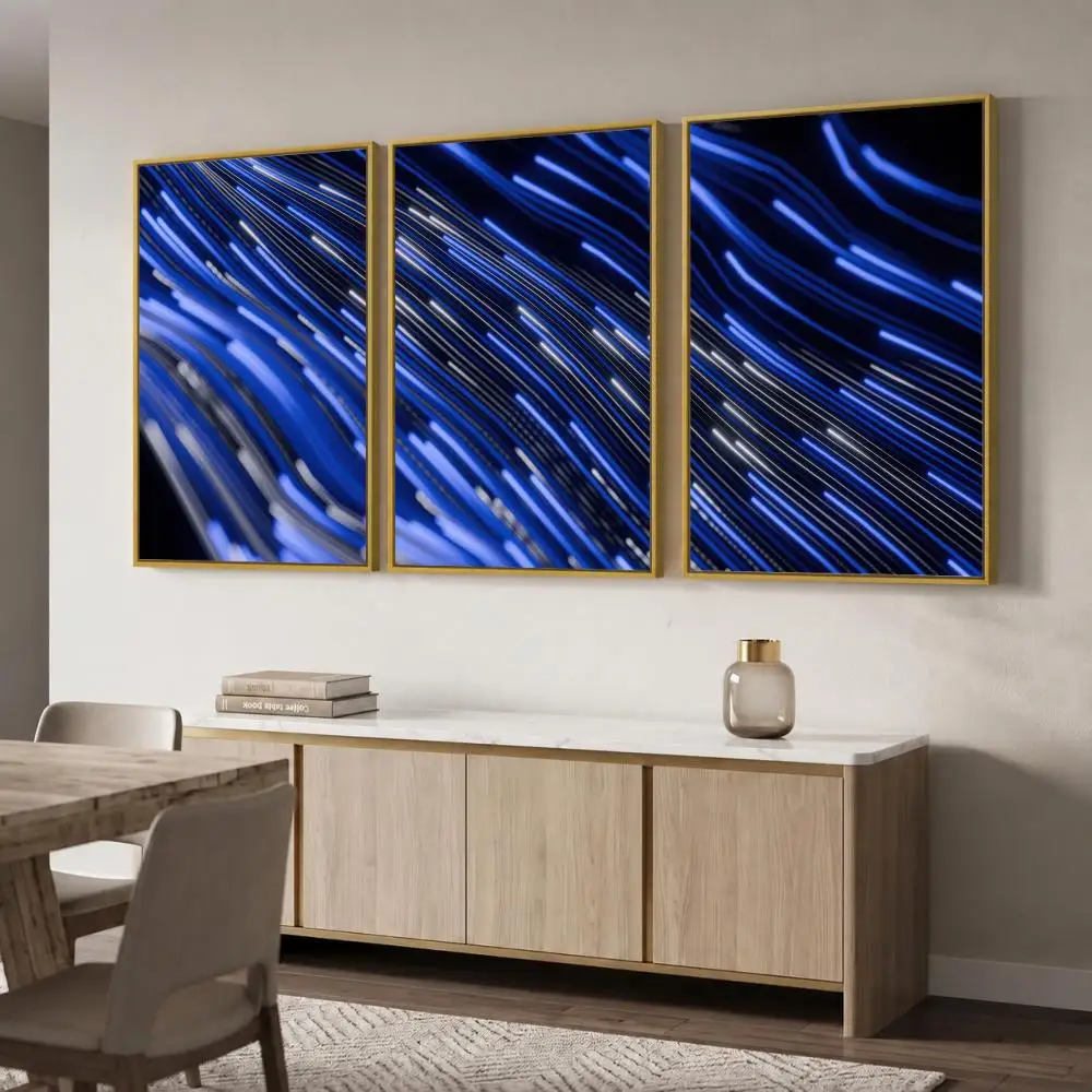 Electric Blue Flowing Light Lines Painting Calligraphy Canvas Poster Set Wall Art for Living Room Bedroom Home Modern Decor