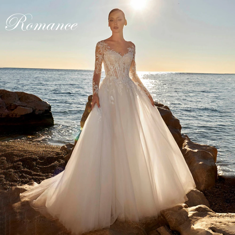 우아한 긴 소매 레이스 아플리케 A라인 웨딩 드레스 여성용 V넥 비딩 일루전 백 튤 베스티도스 데 노비아 맞춤 제작
