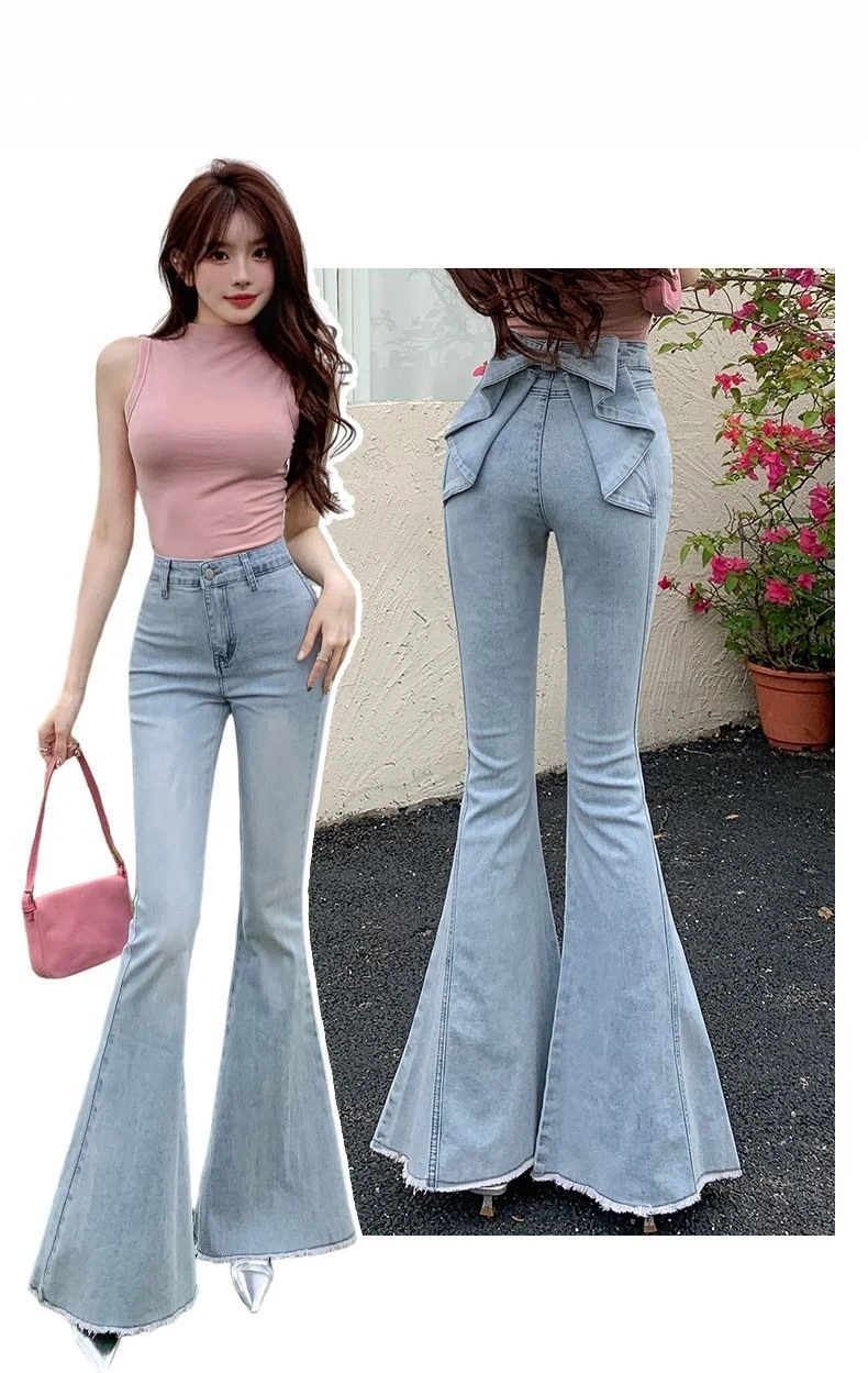 Bow Tie Jeans Women's American Vintage Three-dimensional Micro-large Summer Thin Pants New High-waisted Skinny Hip Flare Pants