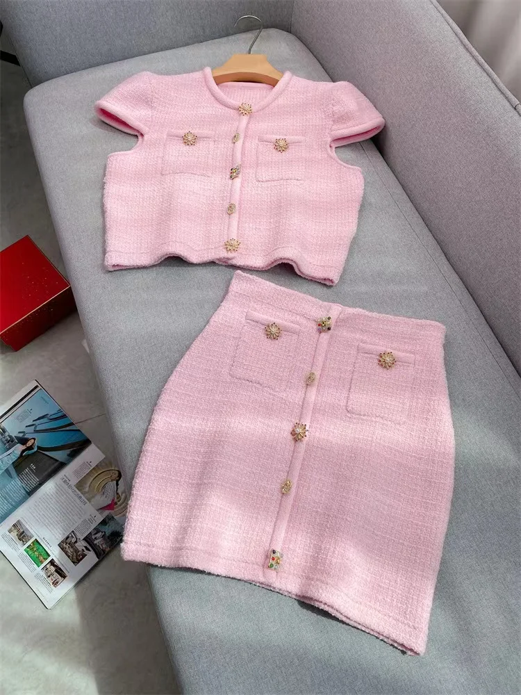 Alta qualidade moda rosa conjunto de malha feminina elegante manga curta cardigan topos ou temperamento magro mini saia senhoras