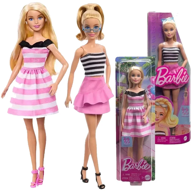 Muñeca Barbie Original 65 ° aniversario Fashionistas falda Retro a rayas blancas y negras modelo rubio dulce 1/6 accesorios de juguetes para niñas