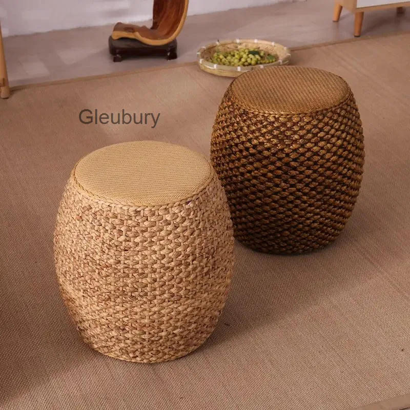 Solid Rattan Wood Low Stool Shoe Bench Retro Rattan Chair Round Small Stool Footrest Home B&B Sofa Coffee Table Stool
