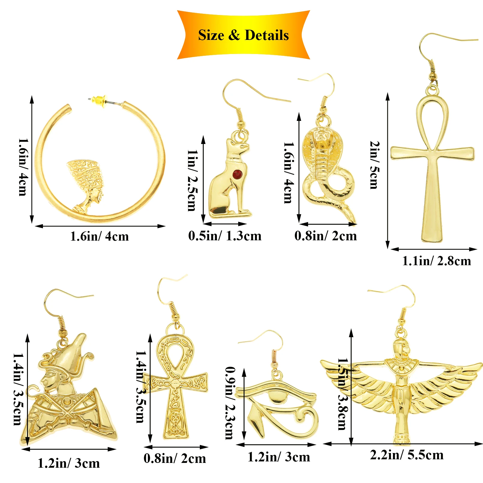 RechicGu Vintage Gold Colour Women Earring Ancient Egyptian Queen Cross Ear Pendant Hoop Eardrop Amulet Jewelry Drop Dangle Gift