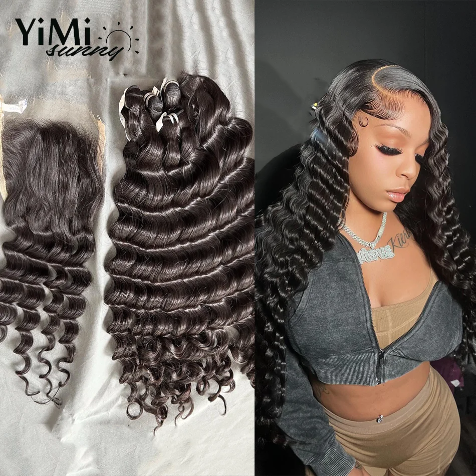 

3PC Deep Wave Human Hair Bundles With 4x4 HD Closure Mongolian Weaving Remy Loose Deep Wave Hair Weft Make Full Head Yimisunny