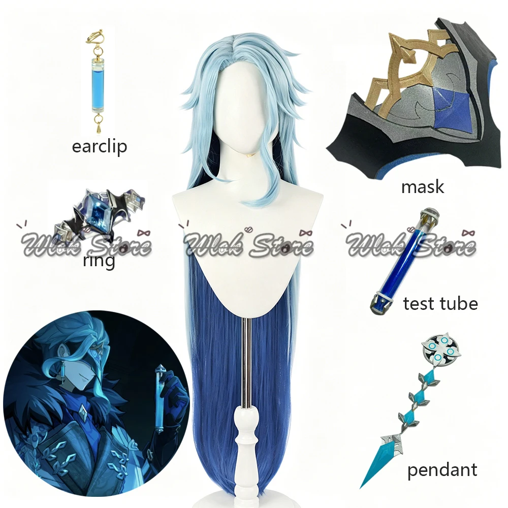 Genshin Impact The Doctor Il Dottore Cosplay Wig Gradient Blue Hair Long Men Women Halloween Party Accessories Mask Earrings