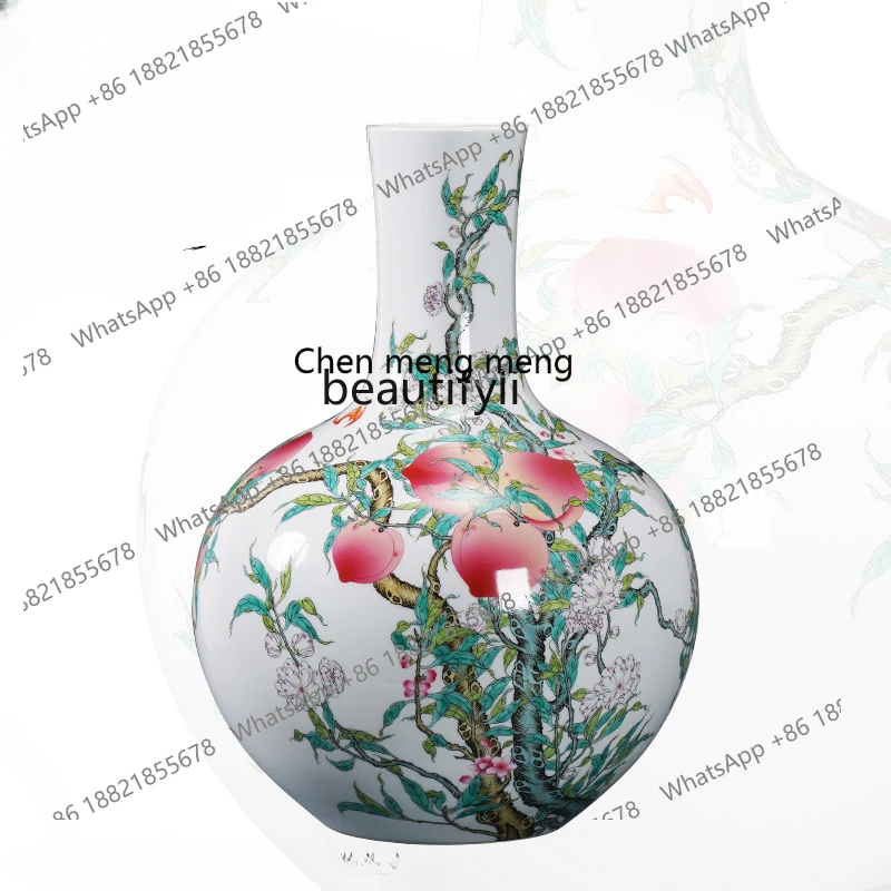 

X Ningfeng Kiln Jingdezhen Ceramic Antique Large Vase Pink Nine Peach Celestial Globe Vase High Ornament Decoration