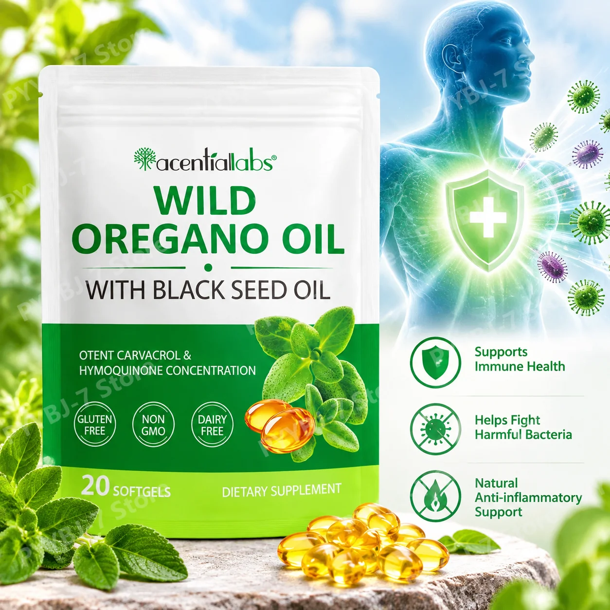 Oregano Oil Softgels Anti-inflammatory Antibacterial Herbal Supplement with Carvacrol and Thymoquinone Boost Immunity 120 Pcs