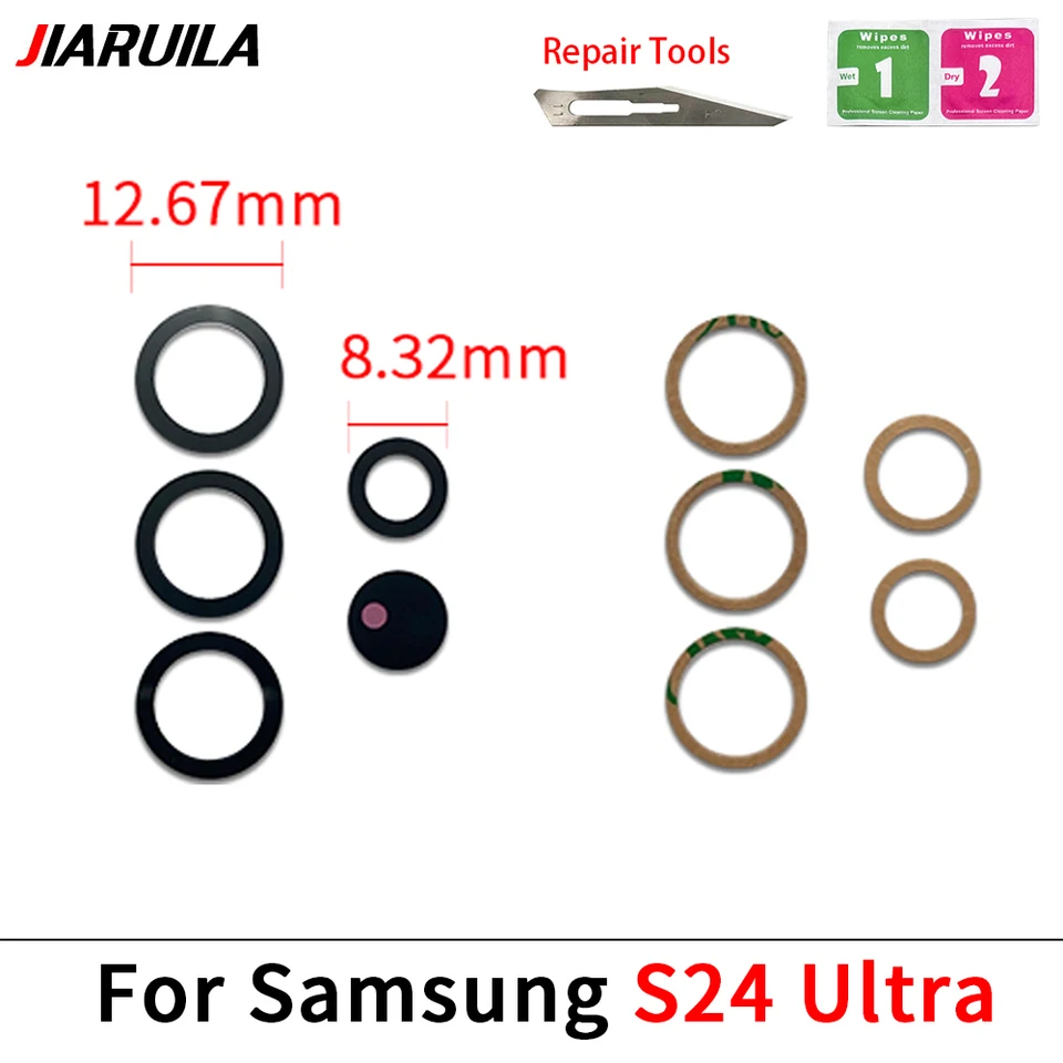 Set de lente de vidrio trasera de cámara + adhesivo para Samsung S24 S23 Plus Ultra Fe, con herramientas de reparación 4