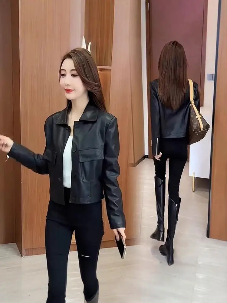 เสื้อโค้ทผู้หญิงทรงหลวม ผ้าหนัง PU  แบบติดกระดุม  คอปก  สำหรับคนตัวเล็ก  รุ่นใหม่  ฤดูใบไม้ร่วง