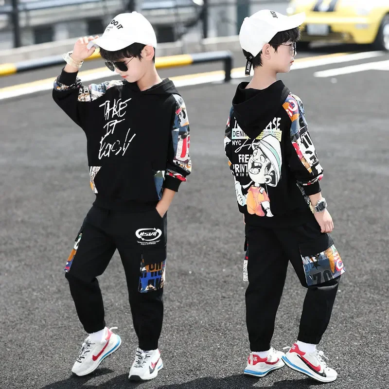 2023 New Boys Autumn Clothing Suit Teenage Boys Clothes Cartoon 4-14 Years Boys Tracksuit Set Children Hooded Coat and Pants