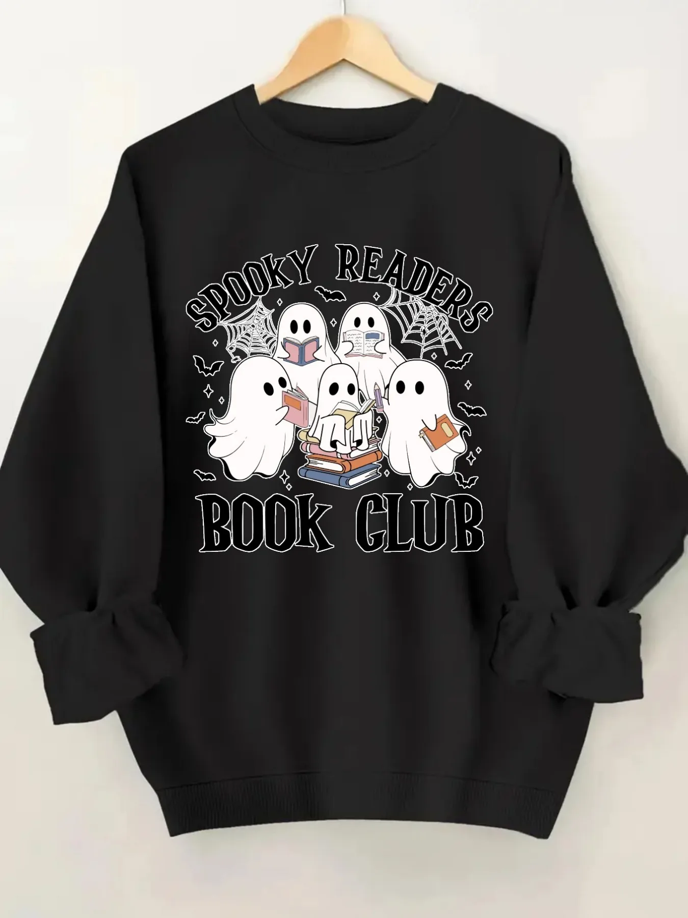 Women's Crew Neck Pullover Sweatshirt Spooky Readers Book Design, Soft Casual Long Sleeve, Daily Casual Top Outfit, Winter Women's Clothing, Halloween Costume Outfit