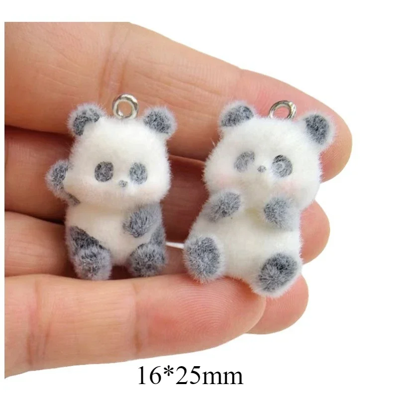 20Pcs 3D Cute Flocked Panda Doll Charms Cartoon Animal Resin Plush Pendant For Phone Keychain Necklace Earrings Diy Jewelry Make