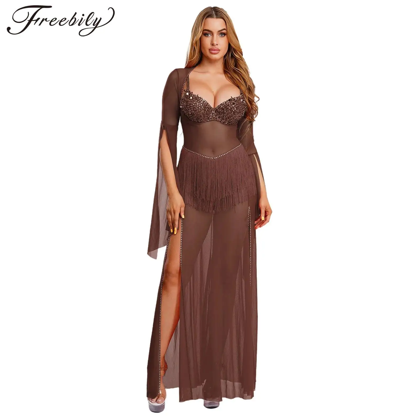 

Женское макси-платье для египетского танца живота, костюм для танца живота с разрезом, сетчатое платье, одежда для восточных танцев, наряд для выступлений по танцу живота