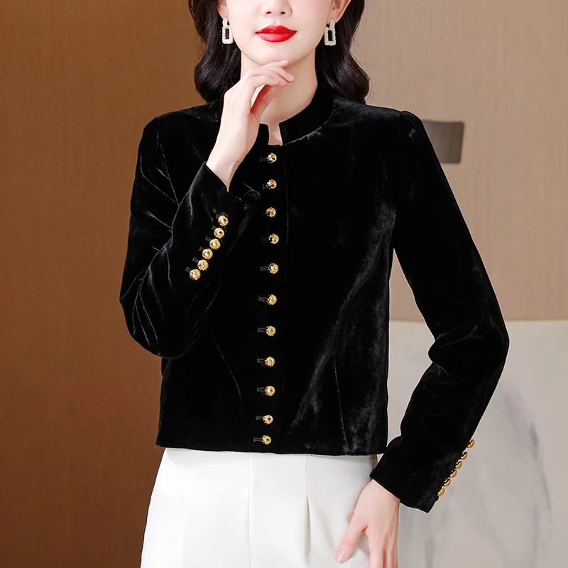 Retro Faion Bla terciopelo seda ort Jaet mujer cuello alto largo Sve Top Otoño Invierno Thiened Color abrigo