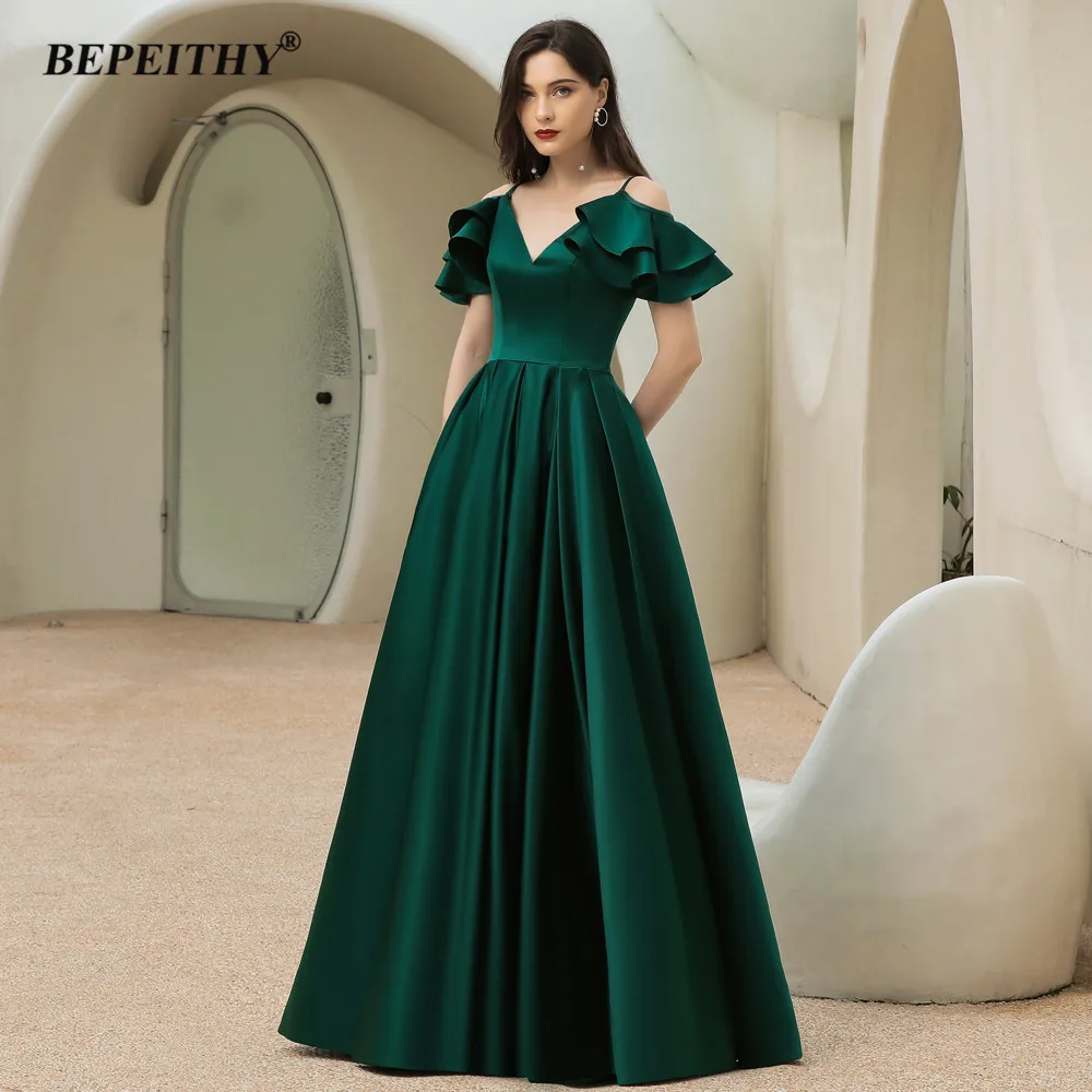 BEPEITHY Customized Dark Green Long Evening Dresses Party V Neck Detachable Sleeves Vintage Prom Dress 2023 New Evening Dress