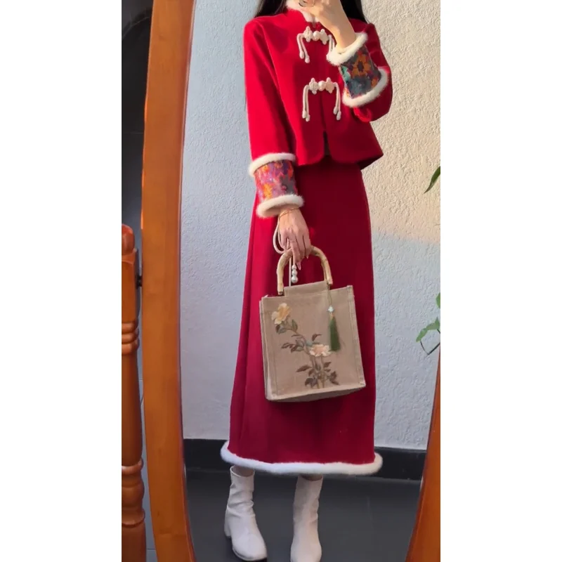 Chinese Style Fashion Patchwork Fleece Suit Ladies Autumn Winter Vintage Buttons Long Sleeve Coat Red Temperament Trend Skirt