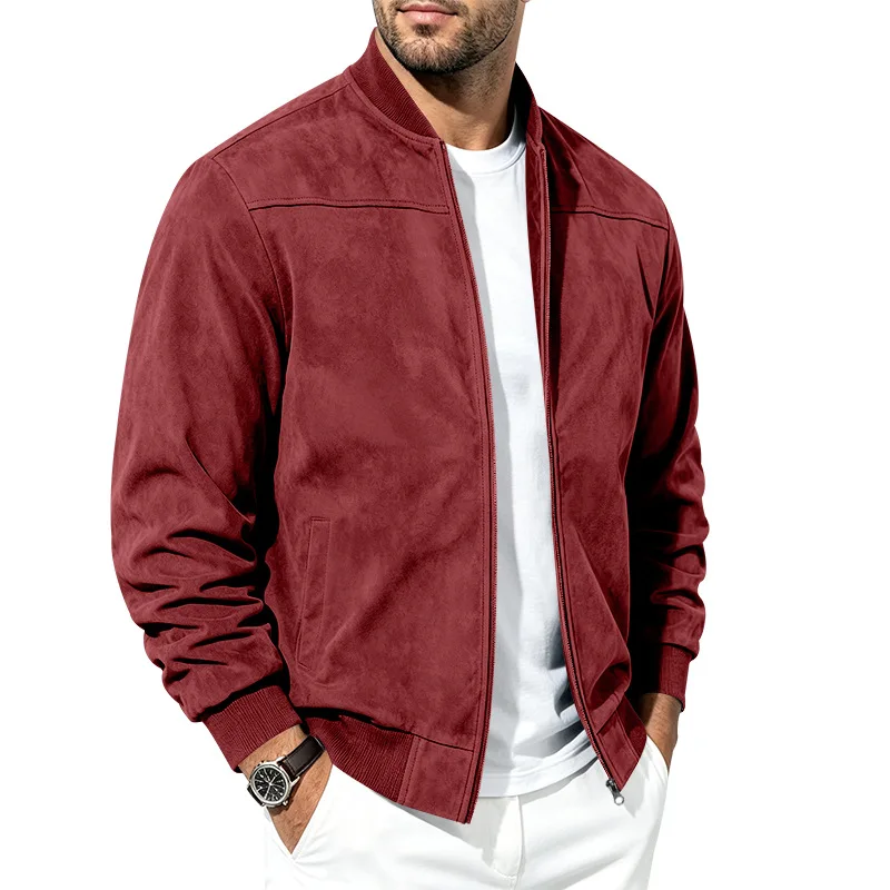 Herren Herbst- und Winter-Freizeitjacke in Übergröße aus Wildleder mit Reißverschluss und Stehkragen, Langarm – Detail 6